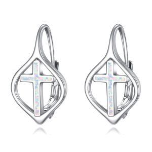 Sterling Silver White Opal Cross Huggie Earrings-0