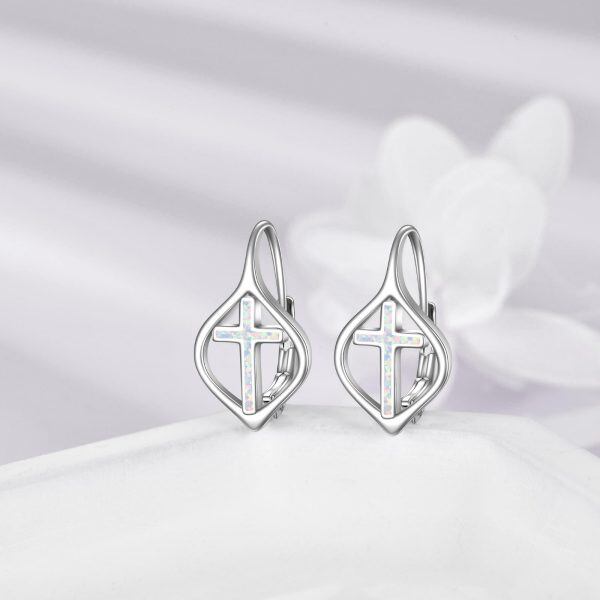 Sterling Silver White Opal Cross Huggie Earrings-3