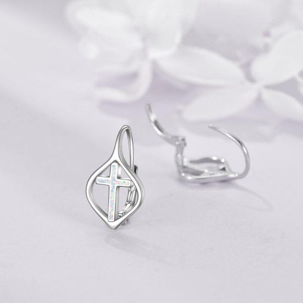 Sterling Silver White Opal Cross Huggie Earrings-4