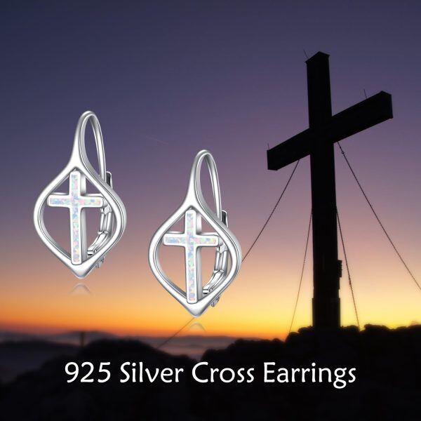 Sterling Silver White Opal Cross Huggie Earrings-5