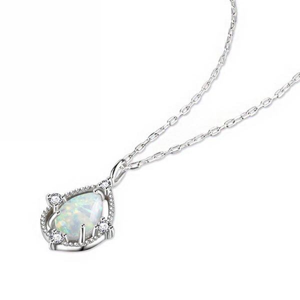 Sterling Silver Teardrop White Opal Pendant Necklace-2