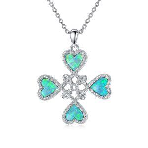 Sterling Silver Witches Knot Pendant Necklace with Simulated Green Opal Shamrock Clover-0