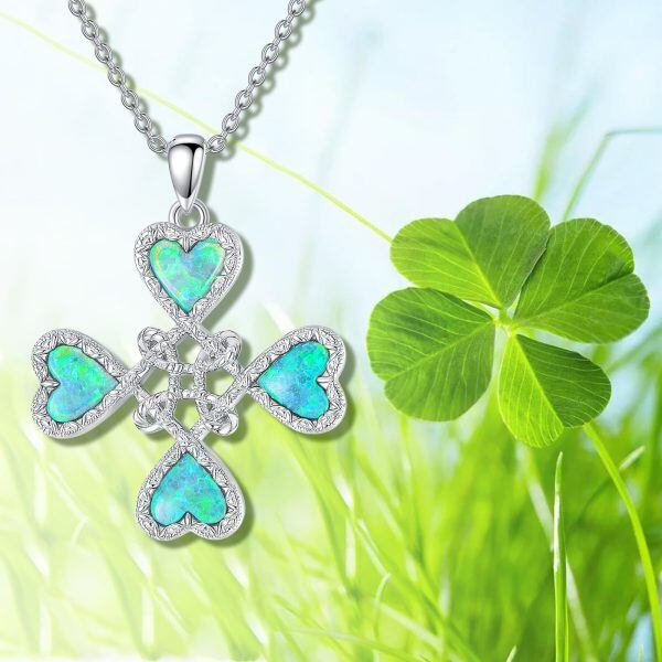 Sterling Silver Witches Knot Pendant Necklace with Simulated Green Opal Shamrock Clover-5