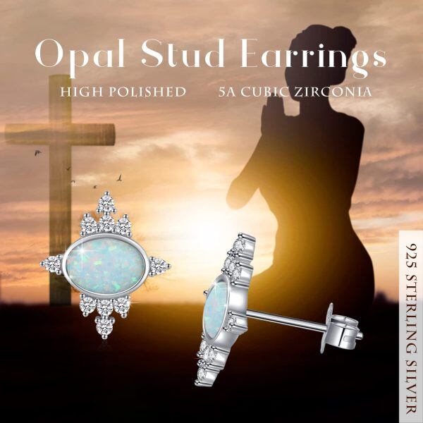 Sterling Silver Cross Opal Stud Earrings-5