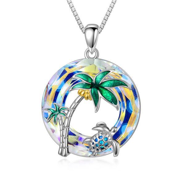 Sterling Silver Opal Sea Turtle & Palm Tree Pendant Necklace with Circle Crystal-0