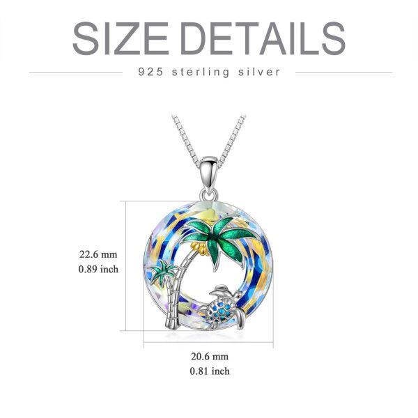 Sterling Silver Opal Sea Turtle & Palm Tree Pendant Necklace with Circle Crystal-1