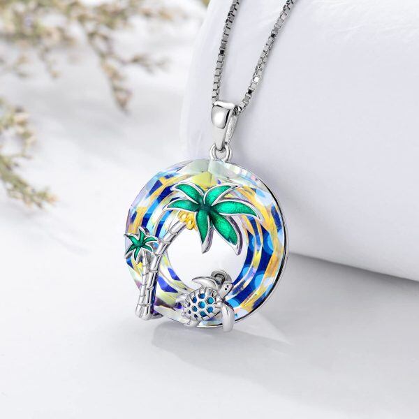 Sterling Silver Opal Sea Turtle & Palm Tree Pendant Necklace with Circle Crystal-3