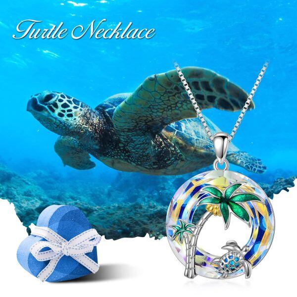 Sterling Silver Opal Sea Turtle & Palm Tree Pendant Necklace with Circle Crystal-5