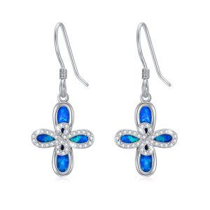 Sterling Silver Celtic Knot Cross Opal Dangle Earrings-0