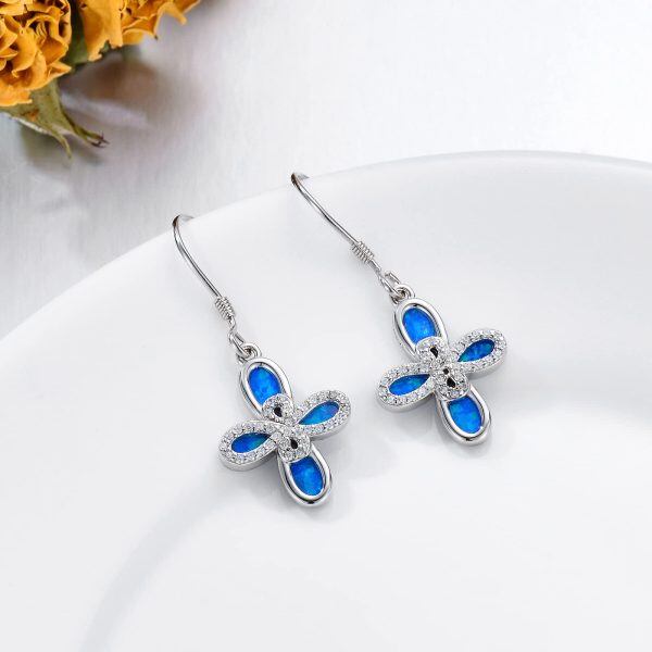 Sterling Silver Celtic Knot Cross Opal Dangle Earrings-5