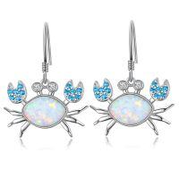 wholesale 925 Sterling Silver White Fire Opal & Blue Topaz Crab Drop Earrings - Ocean Beach Style Jewelry for Women Gifts- Rhodium Plated