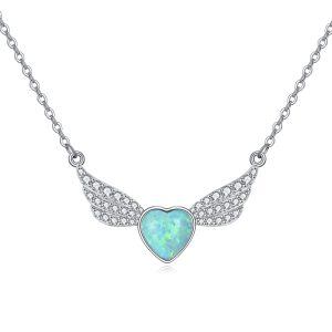 Sterling Silver Heart Opal Angel Wings Pendant Necklace-0