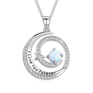 Sterling Silver White Moon Pendant Necklace with Opal-0