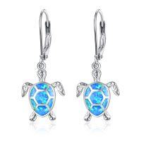 wholesale 925 Sterling Silver Blue Opal Sea Turtle Leverback Drop Earrings for Women- Rhodium Plated