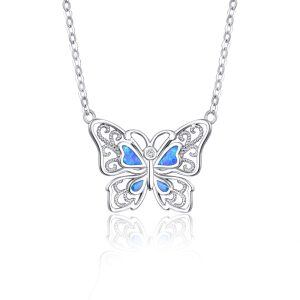 Sterling Silver Hollow Opal Butterfly Pendant Necklace-0