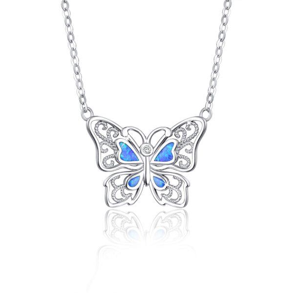 Sterling Silver Hollow Opal Butterfly Pendant Necklace-0