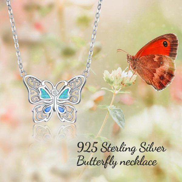 Sterling Silver Hollow Opal Butterfly Pendant Necklace-2