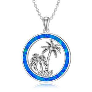 Sterling Silver Palm Tree Pendant Necklace with Opal Circle-0