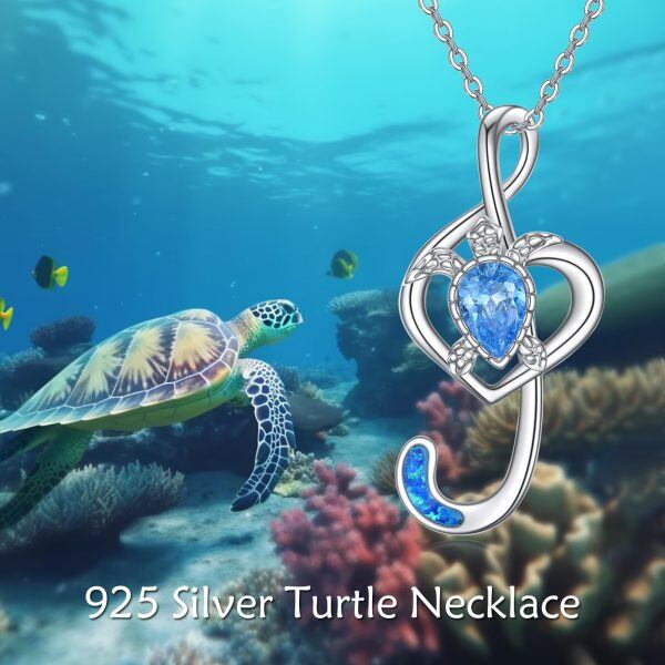 Sterling Silver Sea Turtle & Opal Music Note Pendant Necklace-3