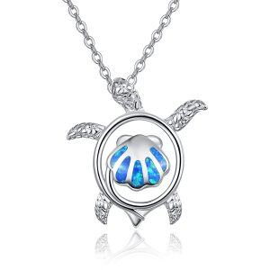 Sterling Silver Turtle & Cockle Sea Shell Pendant Necklace with Blue Opal -0