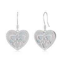 wholesale 925 Sterling Silver Heart-Shaped Earrings with White Fire Opals and Cubic Zirconia - 3D Celtic Knot Design- Rhodium Plated