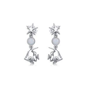 Sterling Silver Opal Fish Star Dangle Drop Earrings-0