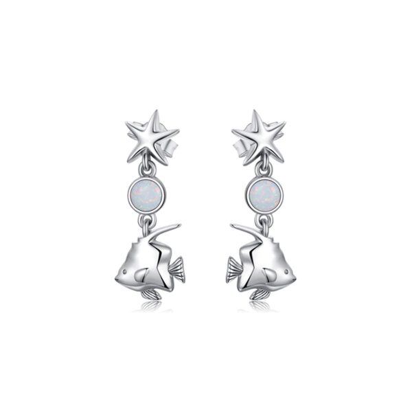 Sterling Silver Opal Fish Star Dangle Drop Earrings-0