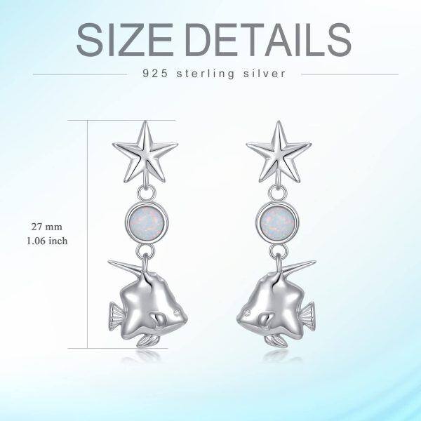 Sterling Silver Opal Fish Star Dangle Drop Earrings-1