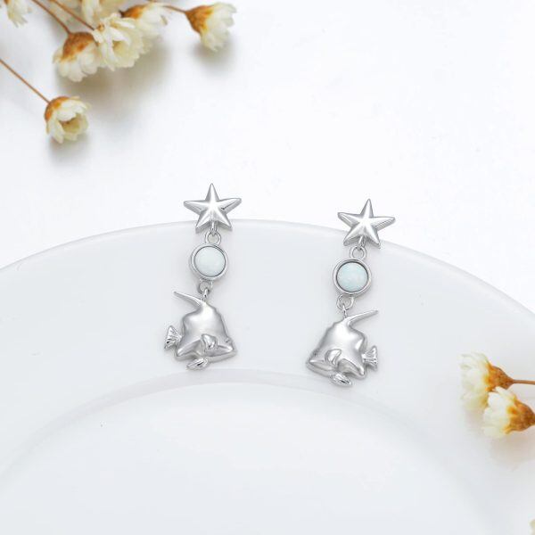 Sterling Silver Opal Fish Star Dangle Drop Earrings-3