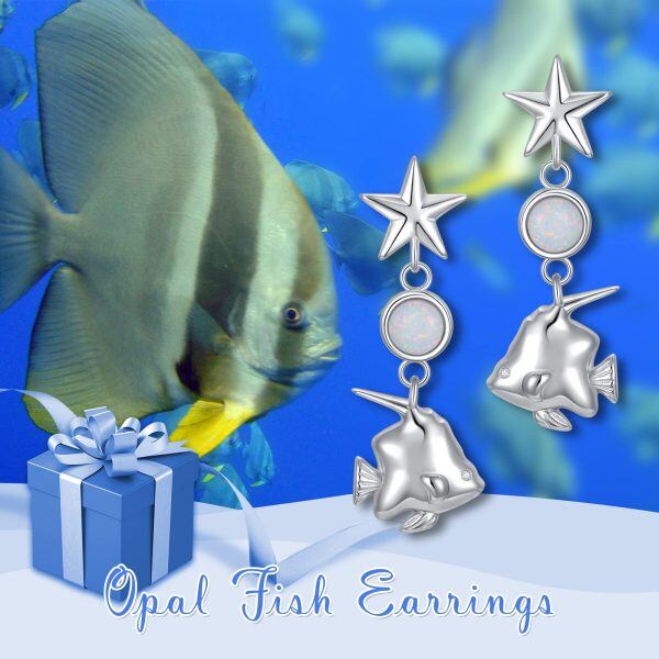 Sterling Silver Opal Fish Star Dangle Drop Earrings-5