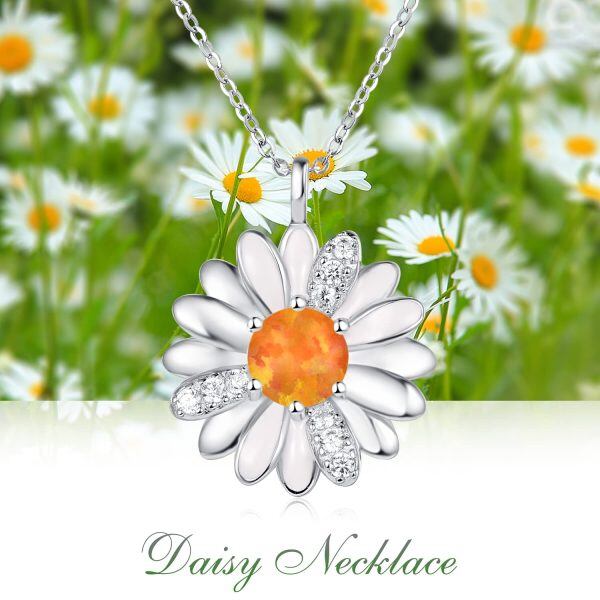 Sterling Silver Daisy Pendant Necklace with Red Opal-5