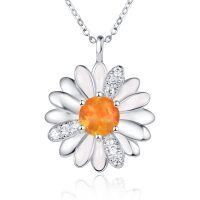wholesale 925 Sterling Silver Orange Fire Opal Daisy Pendant Necklace for Women's s- Rhodium Plated