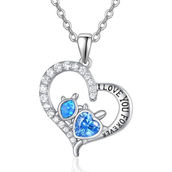 Sterling Silver Sea Turtle Blue Opal Heart Pendant Necklace-0