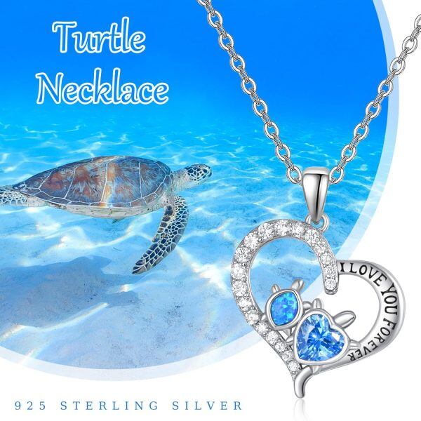 Sterling Silver Sea Turtle Blue Opal Heart Pendant Necklace-5