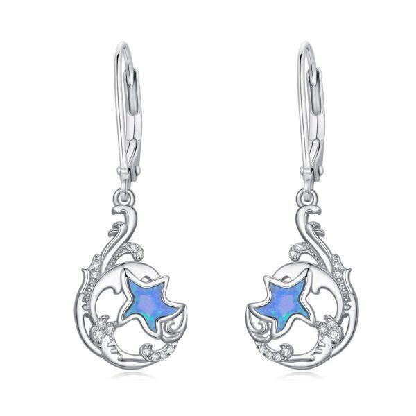 Sterling Silver Blue Opal Starfish Wave Dangle Earrings-0