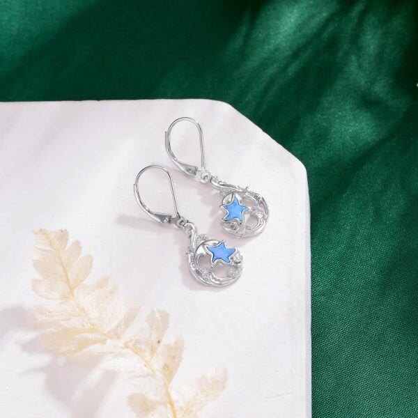 Sterling Silver Blue Opal Starfish Wave Dangle Earrings-3