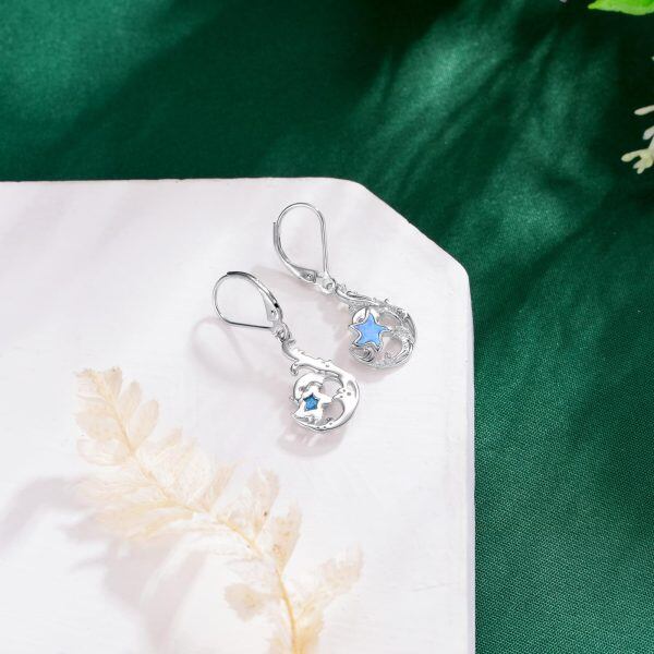 Sterling Silver Blue Opal Starfish Wave Dangle Earrings-4