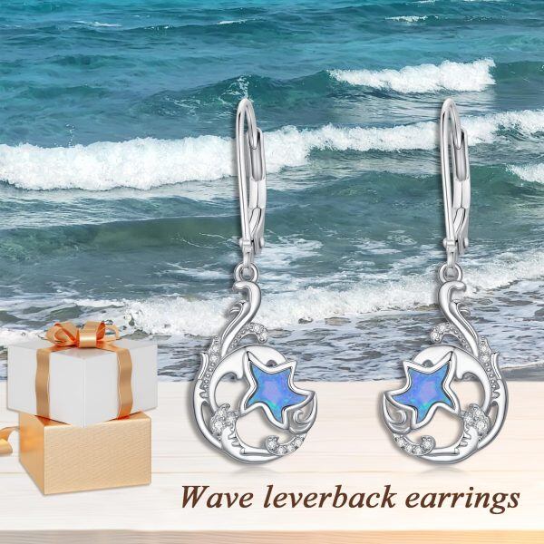 Sterling Silver Blue Opal Starfish Wave Dangle Earrings-5