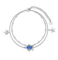 wholesale 925 Sterling Silver Blue Opal Sea Turtle & Palm Tree Charm Ankle Bracelet with Starfish Pendant- Rhodium Plated