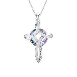 Sterling Silver White Opal Cross Pendant Necklace with Crystal Circle-0