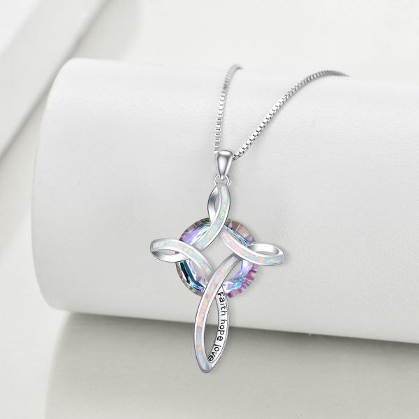 Sterling Silver White Opal Cross Pendant Necklace with Crystal Circle-3