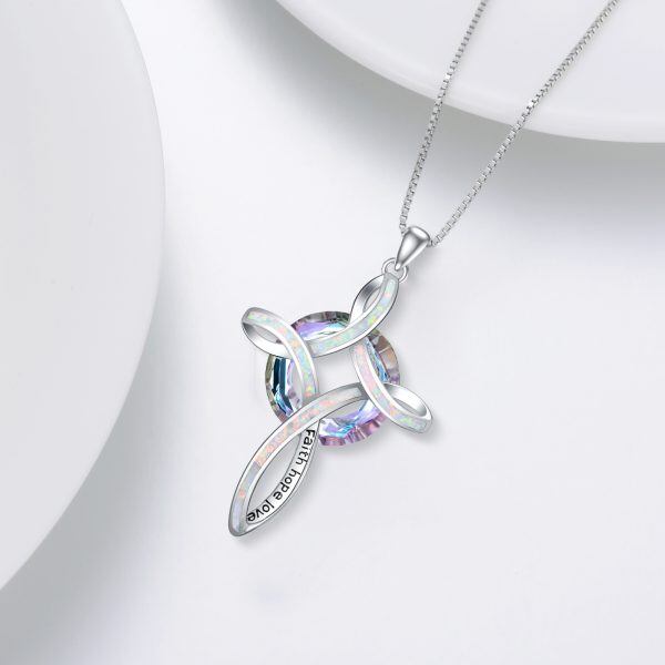 Sterling Silver White Opal Cross Pendant Necklace with Crystal Circle-4