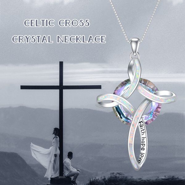 Sterling Silver White Opal Cross Pendant Necklace with Crystal Circle-5