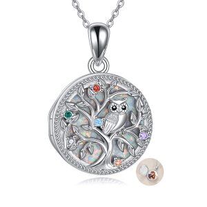 Sterling Silver Owl Locket Necklace with Opal-0