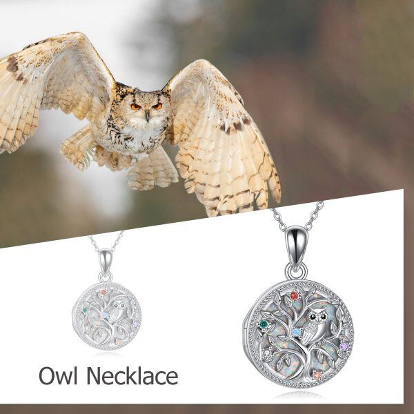 Sterling Silver Owl Locket Necklace with Opal-5