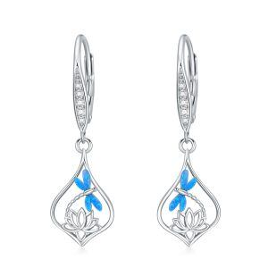 Sterling Silver Dragonfly Lotus Flower Dangle Earrings with Opal-0