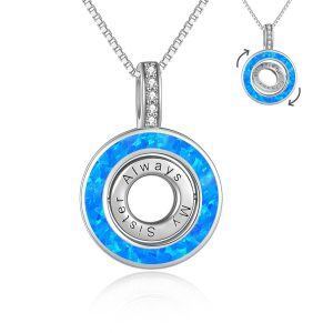 Sterling Silver Blue Opal Circle Pendant Necklace for Sister-0