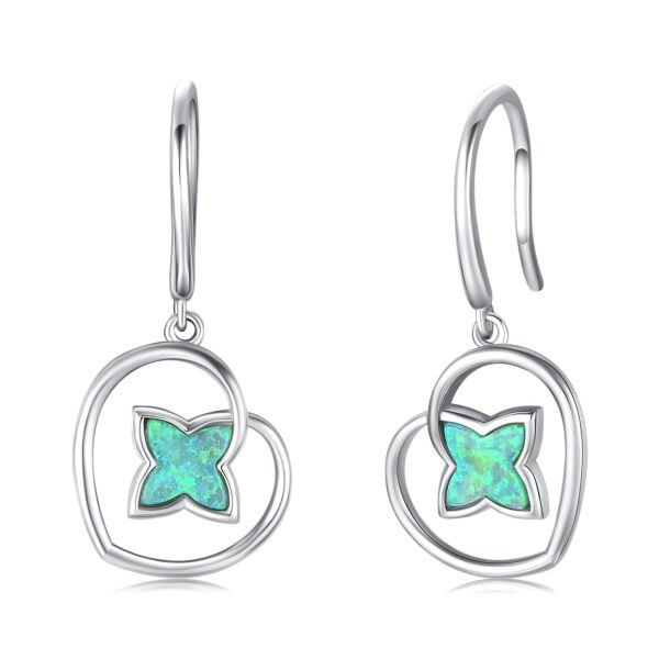 Sterling Silver Opal Leaf Clover Heart Dangle Earrings-0