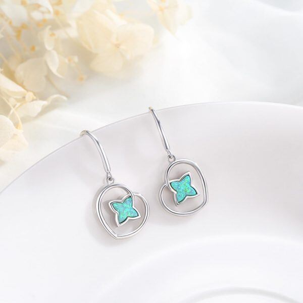 Sterling Silver Opal Leaf Clover Heart Dangle Earrings-4