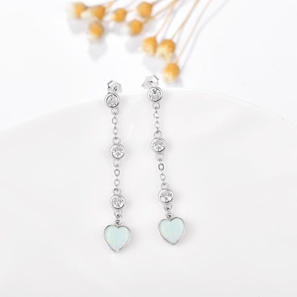 Sterling Silver Opal Heart Shaped Dangle Earrings-4